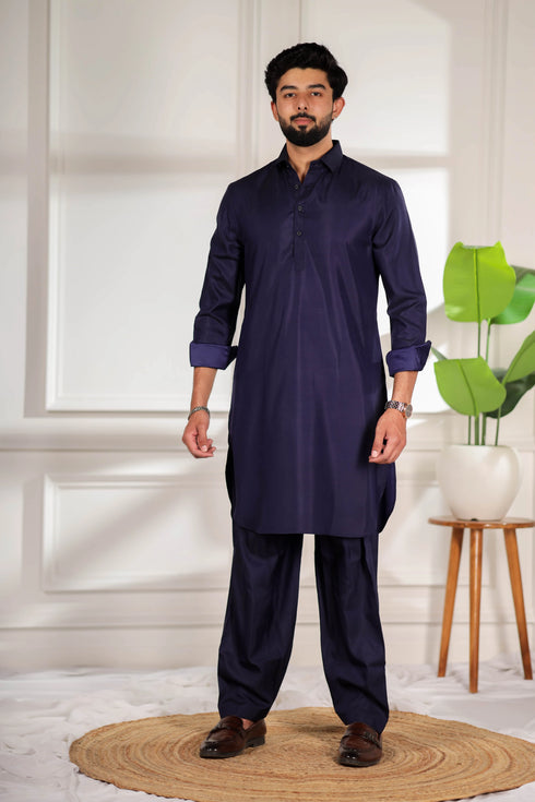 Blue Cotton Satin Mens Pathani Kurta With Payjama - Front View | Samyak Fashion