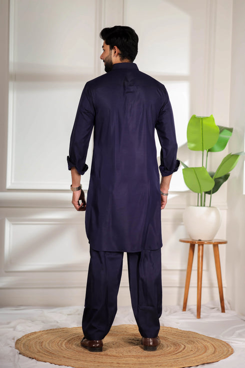 Blue Cotton Satin Mens Pathani Kurta With Payjama - Back View | Samyak Fashion