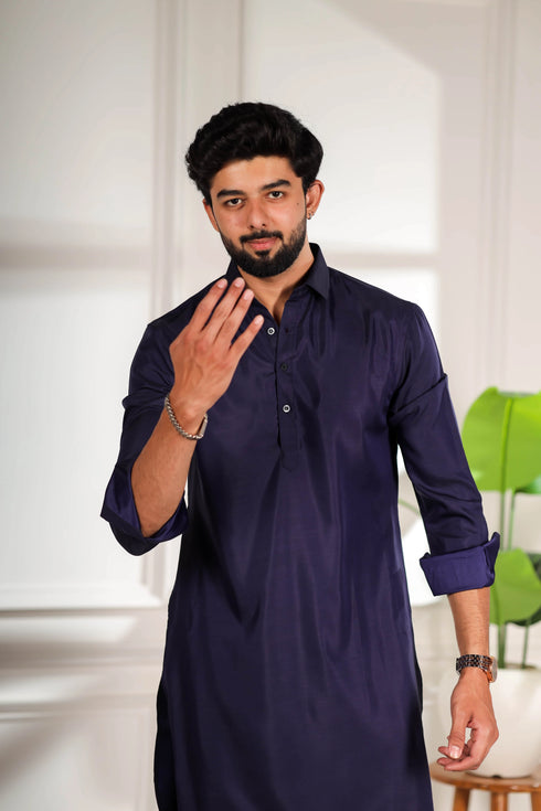 Blue Cotton Satin Mens Pathani Kurta With Payjama - Side View | Samyak Fashion