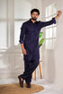 Blue Cotton Satin Mens Pathani Kurta With Payjama - Close-up View | Samyak Fashion