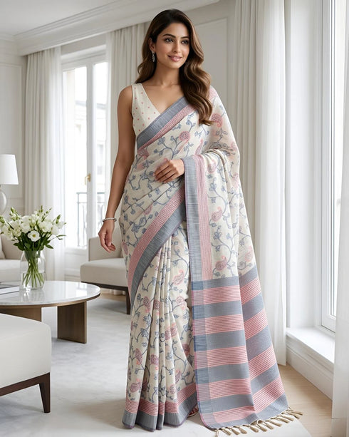 Blue Cotton Silk Saree With Blouse - Front View | Samyak Fashion