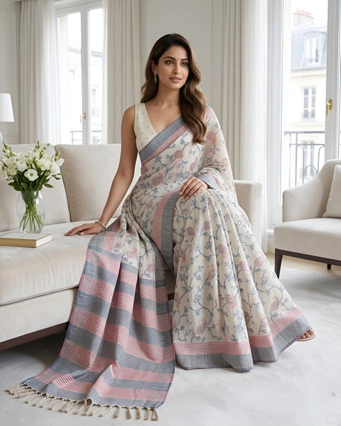 Blue Cotton Silk Saree With Blouse - Detail View | Samyak Fashion