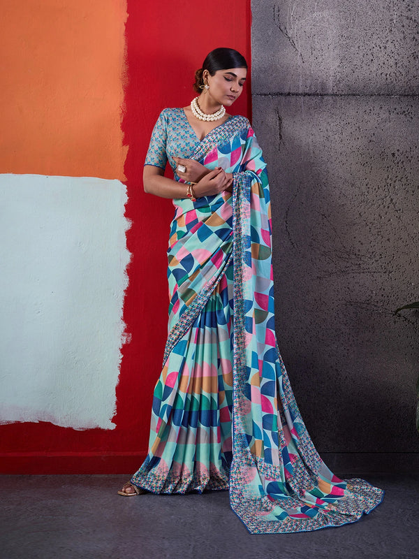 Blue Crepe Elegant Party Wear Saree Collection With Blouse - Front View | Samyak Fashion