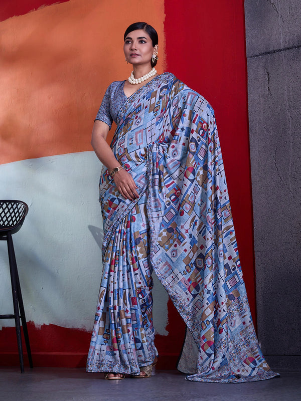 Blue Crepe Elegant Party Wear Saree Collection With Blouse - Front View | Samyak Fashion