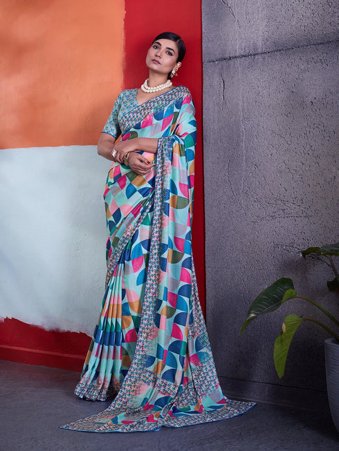 Blue Crepe Elegant Party Wear Saree Collection With Blouse - Back View | Samyak Fashion