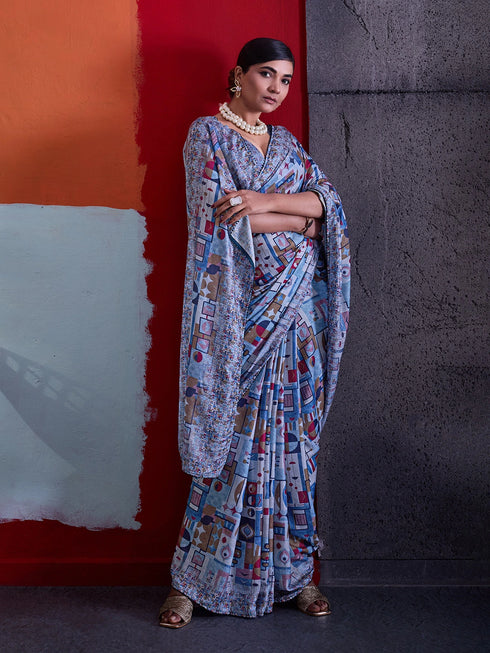 Blue Crepe Elegant Party Wear Saree Collection With Blouse - Side View | Samyak Fashion