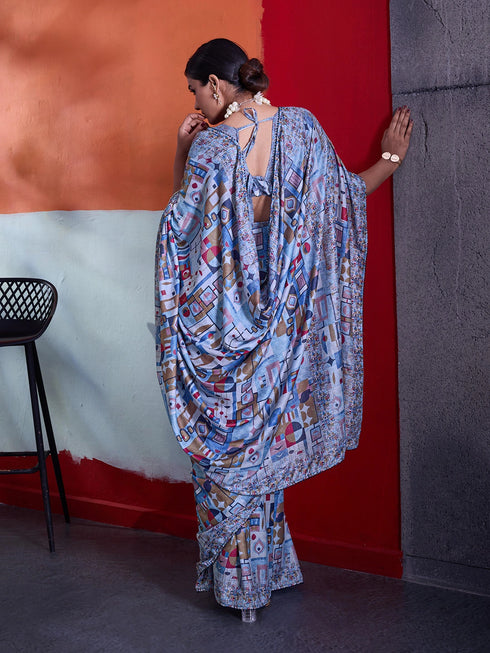 Blue Crepe Elegant Party Wear Saree Collection With Blouse - Detail View | Samyak Fashion