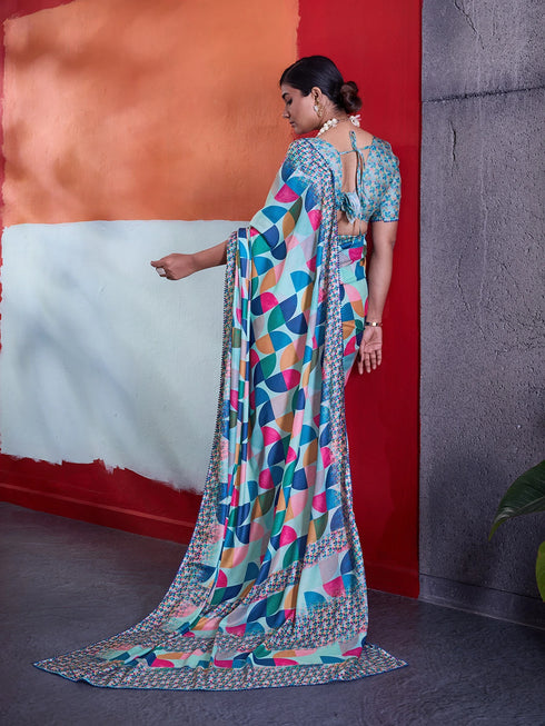 Blue Crepe Elegant Party Wear Saree Collection With Blouse - Detail View | Samyak Fashion