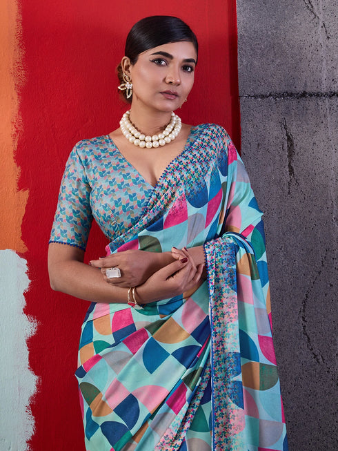 Blue Crepe Elegant Party Wear Saree Collection With Blouse - Close-up View | Samyak Fashion
