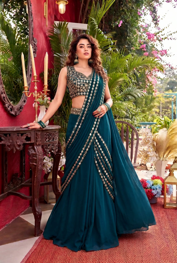 Blue Faux Georgette Elegant Party Wear Saree Collection With Blouse - Front View | Samyak Fashion