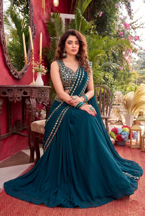 Blue Faux Georgette Elegant Party Wear Saree Collection With Blouse - Back View | Samyak Fashion