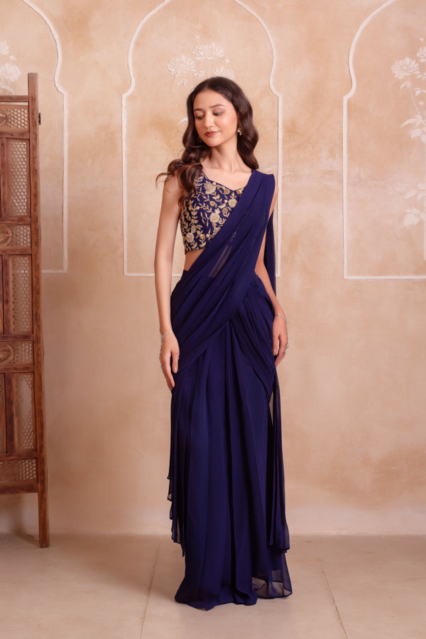 Blue Georgette Elegant Party Wear Ready To Wear Saree Collection With Blouse - Front View | Samyak Fashion