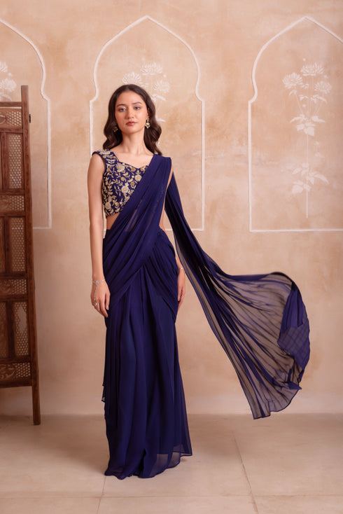 Blue Georgette Elegant Party Wear Ready To Wear Saree Collection With Blouse - Back View | Samyak Fashion