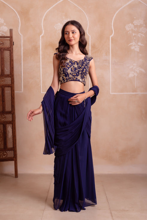 Blue Georgette Elegant Party Wear Ready To Wear Saree Collection With Blouse - Side View | Samyak Fashion