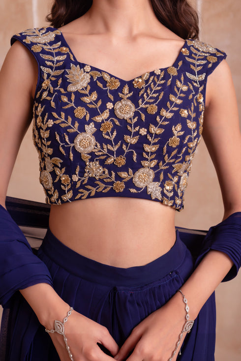 Blue Georgette Elegant Party Wear Ready To Wear Saree Collection With Blouse - Full View | Samyak Fashion