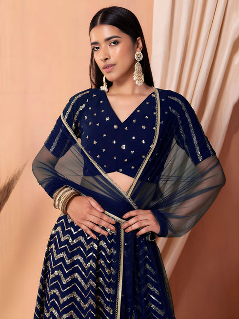 Blue Georgette Lehenga Choli - Side View | Samyak Fashion