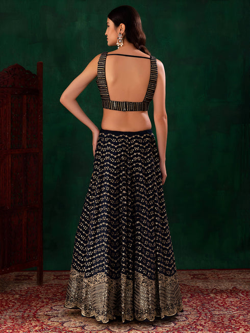 Blue Georgette Lehenga Choli - Back View | Samyak Fashion