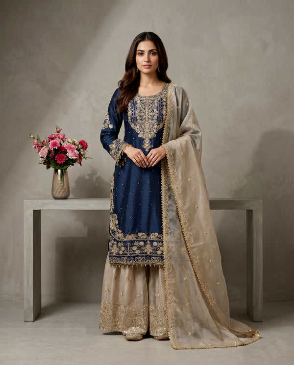 Blue Heavy Gmy Silk Elegant Salwar Suit - Front View | Samyak Fashion