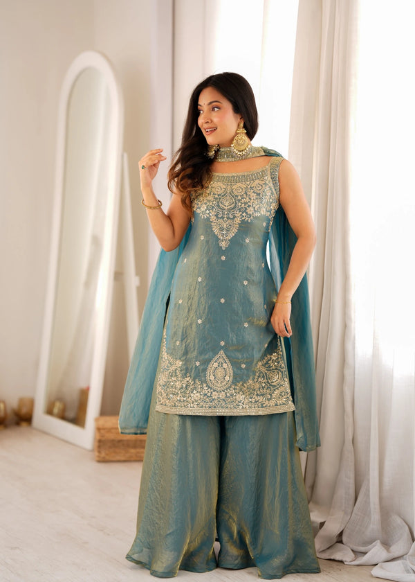 Blue Heavy Pure Soft Fendy Silk Elementary Suit - Front View | Samyak Fashion
