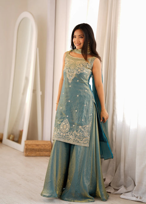 Blue Heavy Pure Soft Fendy Silk Elementary Suit - Back View | Samyak Fashion