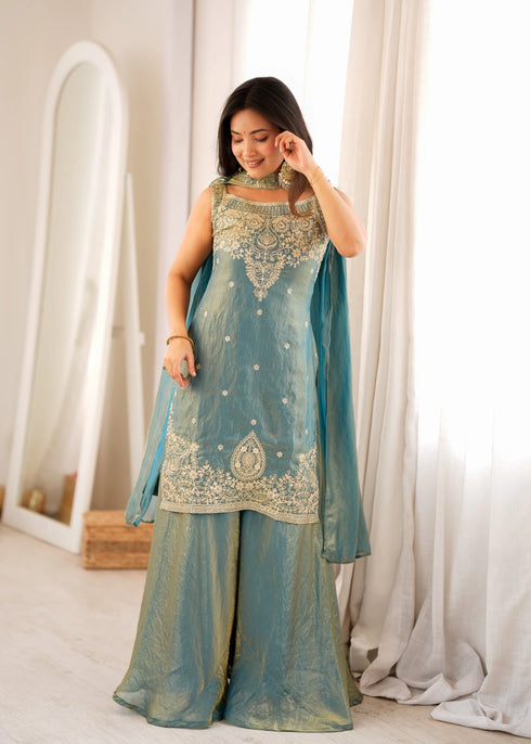 Blue Heavy Pure Soft Fendy Silk Elementary Suit - Side View | Samyak Fashion