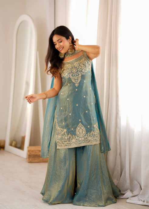 Blue Heavy Pure Soft Fendy Silk Elementary Suit - Close-up View | Samyak Fashion