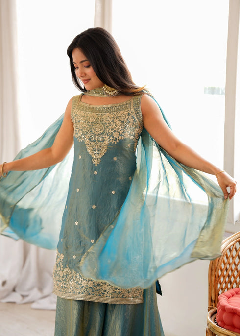 Blue Heavy Pure Soft Fendy Silk Elementary Suit - Styled View | Samyak Fashion