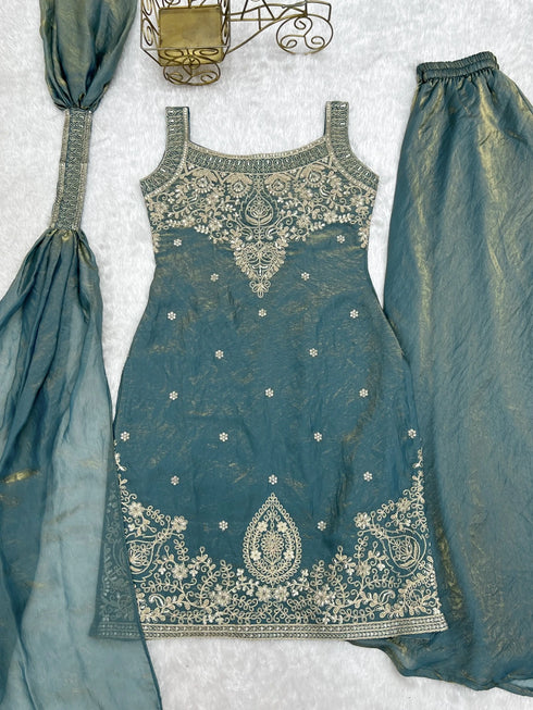 Blue Heavy Pure Soft Fendy Silk Elementary Suit - Back View | Samyak Fashion