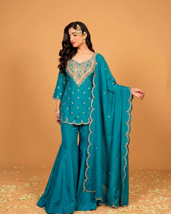 Blue Heavy Simar Silk Elegant Salwar Suit - Front View | Samyak Fashion