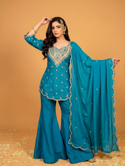 Blue Heavy Simar Silk Elegant Salwar Suit - Back View | Samyak Fashion
