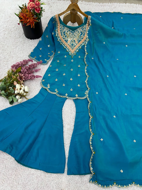 Blue Heavy Simar Silk Elegant Salwar Suit - Detail View | Samyak Fashion