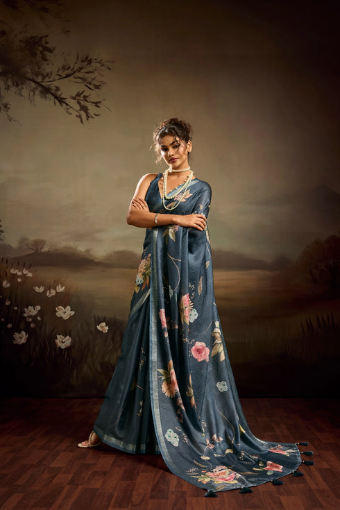 Blue Jacquard Elegant Party Wear Saree Collection With Blouse - Front View | Samyak Fashion