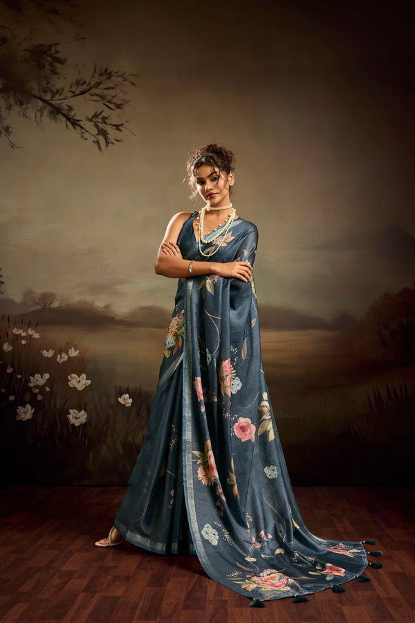 Blue Jacquard Elegant Party Wear Saree Collection With Blouse - Front View | Samyak Fashion