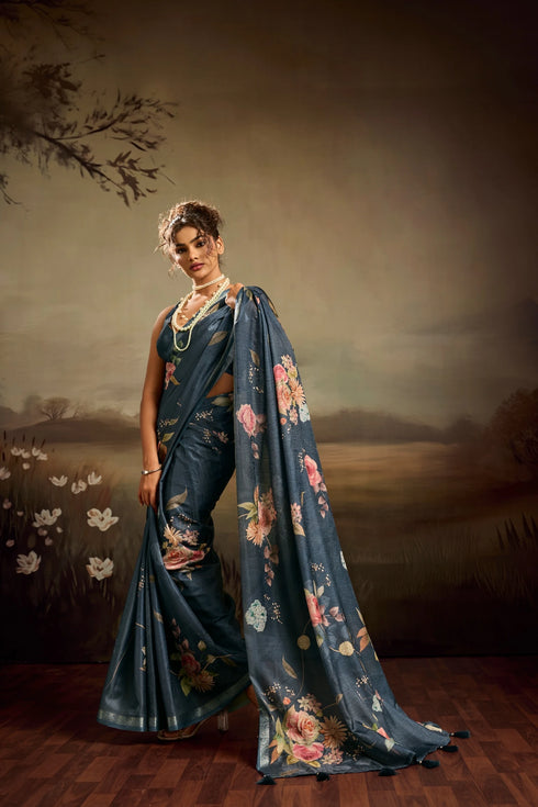 Blue Jacquard Elegant Party Wear Saree Collection With Blouse - Back View | Samyak Fashion