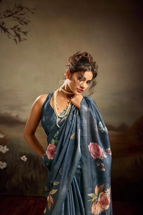 Blue Jacquard Elegant Party Wear Saree Collection With Blouse - Detail View | Samyak Fashion