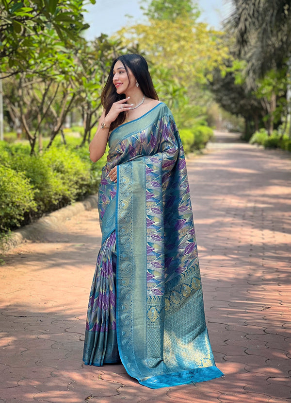 Blue Kanchipattu Silk Party Wear Saree With Blouse - Front View | Samyak Fashion