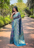 Blue Kanchipattu Silk Party Wear Saree With Blouse - Front View | Samyak Fashion
