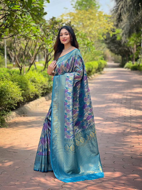 Blue Kanchipattu Silk Party Wear Saree With Blouse - Back View | Samyak Fashion