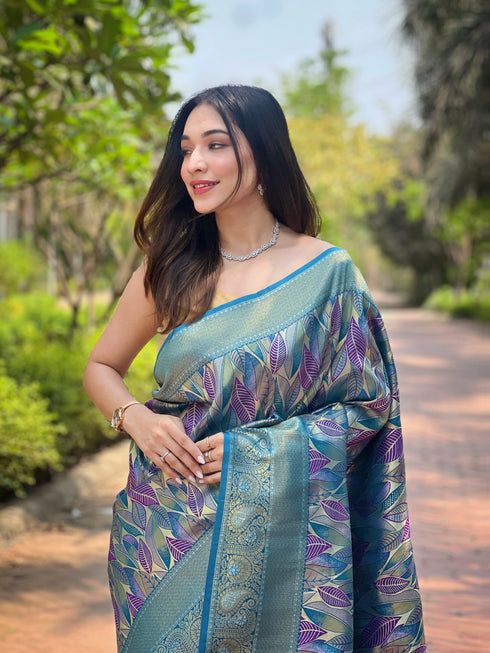 Blue Kanchipattu Silk Party Wear Saree With Blouse - Side View | Samyak Fashion