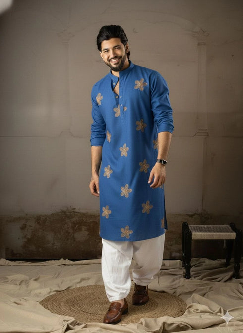 Blue Linen Mens Kurta With Payjama - Front View | Samyak Fashion