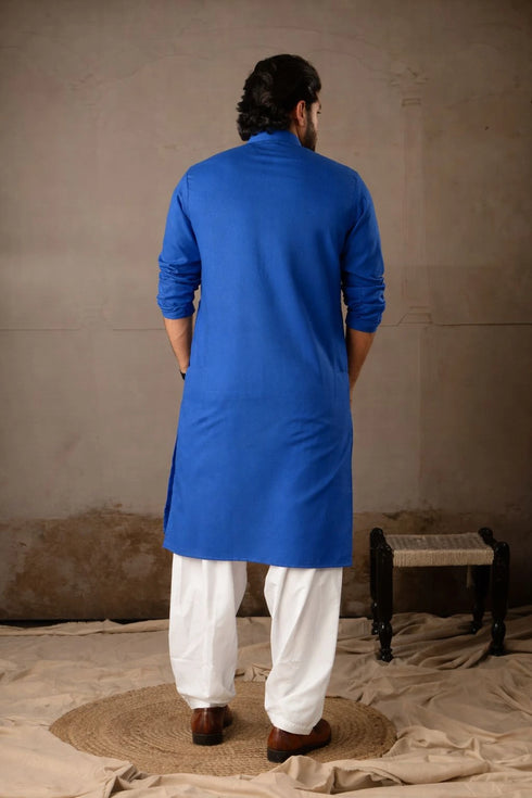 Blue Linen Mens Kurta With Payjama - Back View | Samyak Fashion
