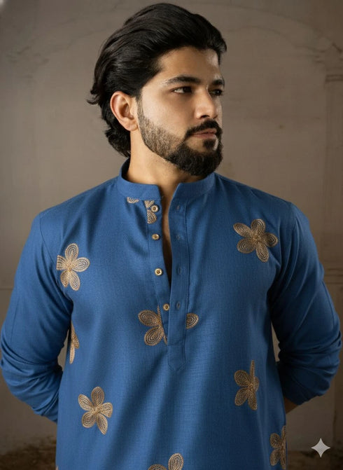 Blue Linen Mens Kurta With Payjama - Side View | Samyak Fashion