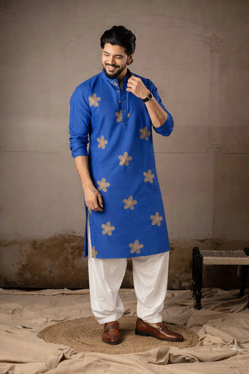 Blue Linen Mens Kurta With Payjama - Detail View | Samyak Fashion