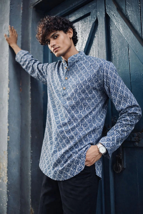 Blue Linen Mens Short Kurta - Front View | Samyak Fashion