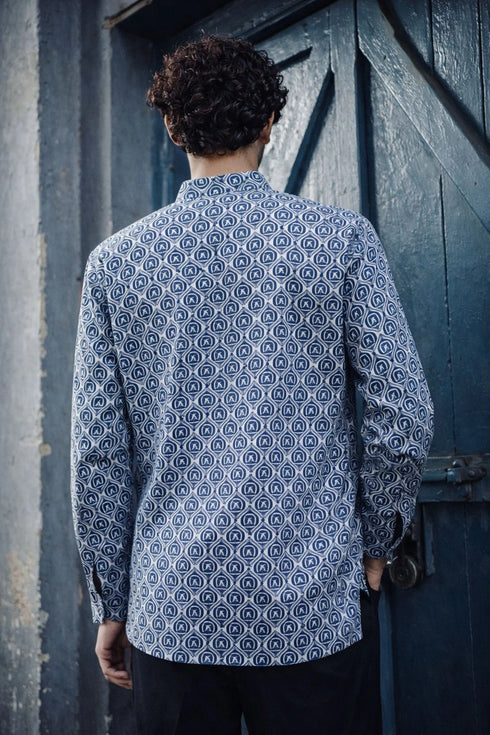 Blue Linen Mens Short Kurta - Back View | Samyak Fashion