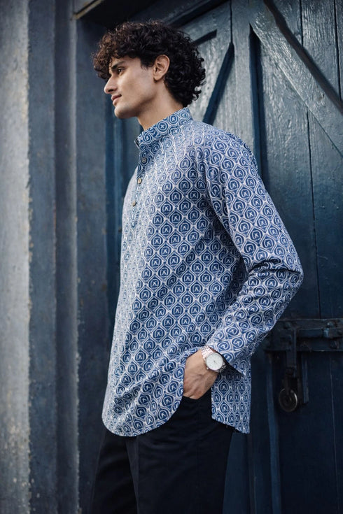 Blue Linen Mens Short Kurta - Side View | Samyak Fashion