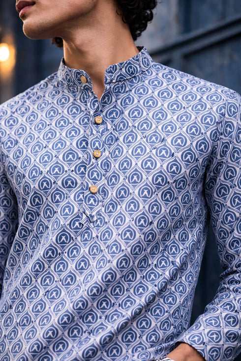 Blue Linen Mens Short Kurta - Detail View | Samyak Fashion