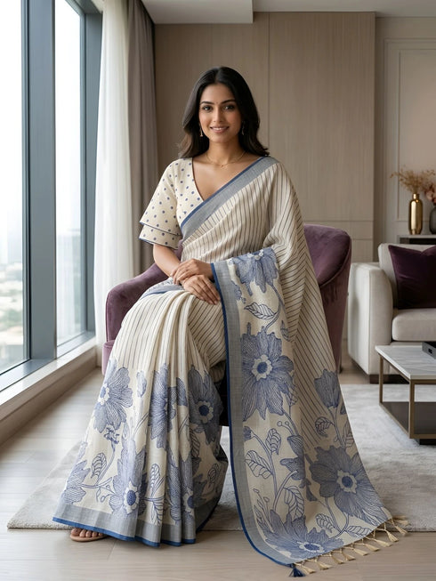 Blue Linen Saree With Blouse - Detail View | Samyak Fashion