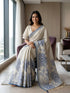 Blue Linen Saree With Blouse - Detail View | Samyak Fashion