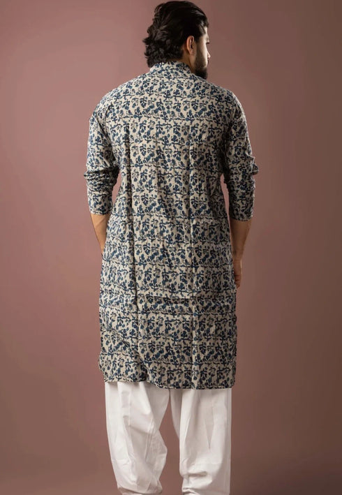 Blue Modal Silk Mens Kurta With Payjama - Back View | Samyak Fashion